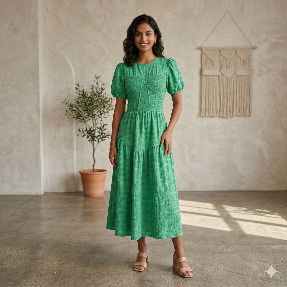 Storia Green Checkered Smocked Bodice Puff Sleeve Midi Dress S Cottagecore Boho